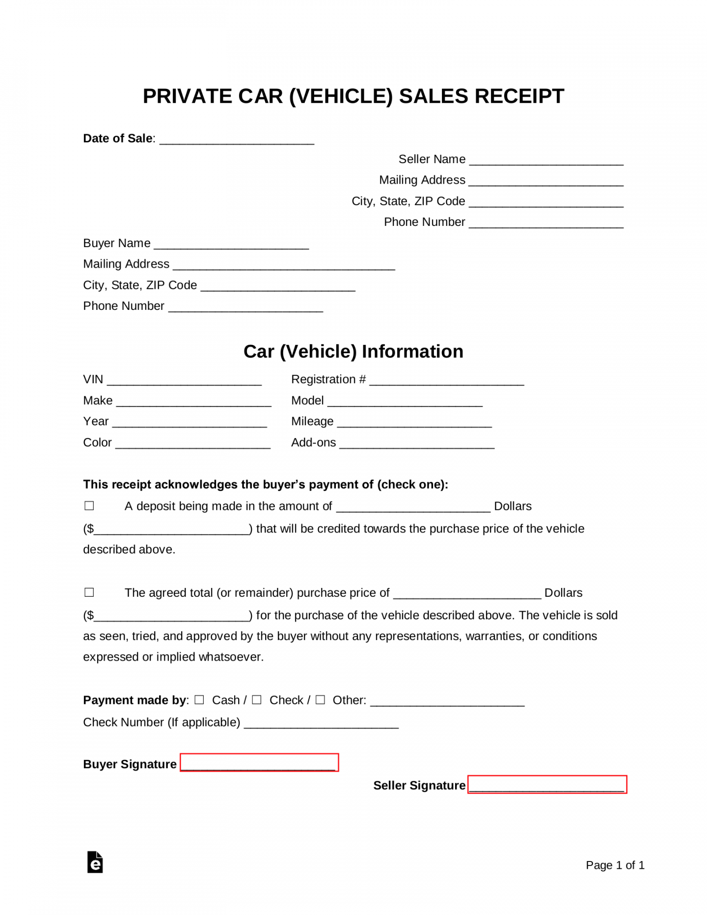 Free Vehicle (Private Sale) Receipt Template - PDF  Word – eForms