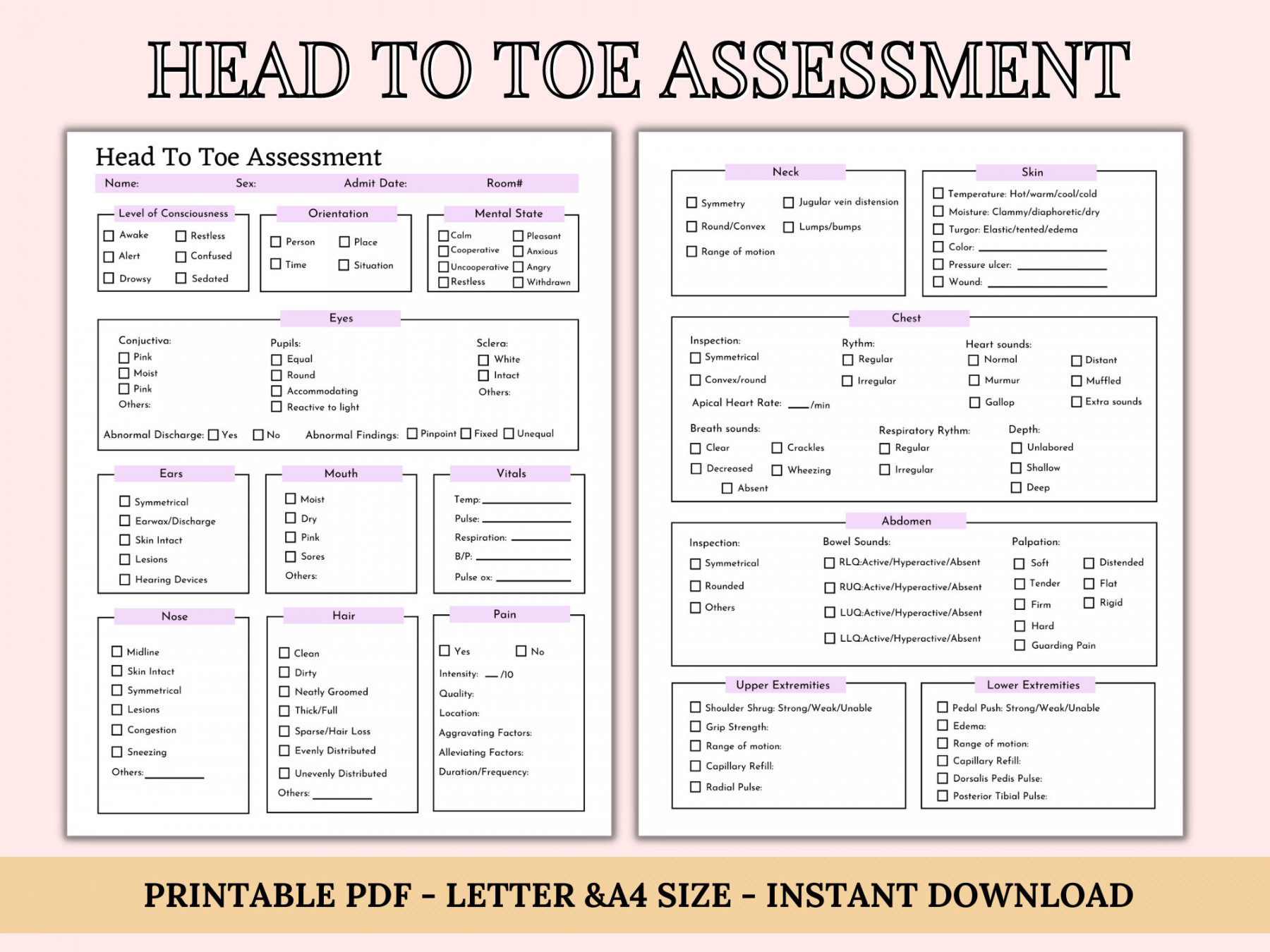 Head to Toe Assessment Template Nursing Checklist Nursing - Etsy UK