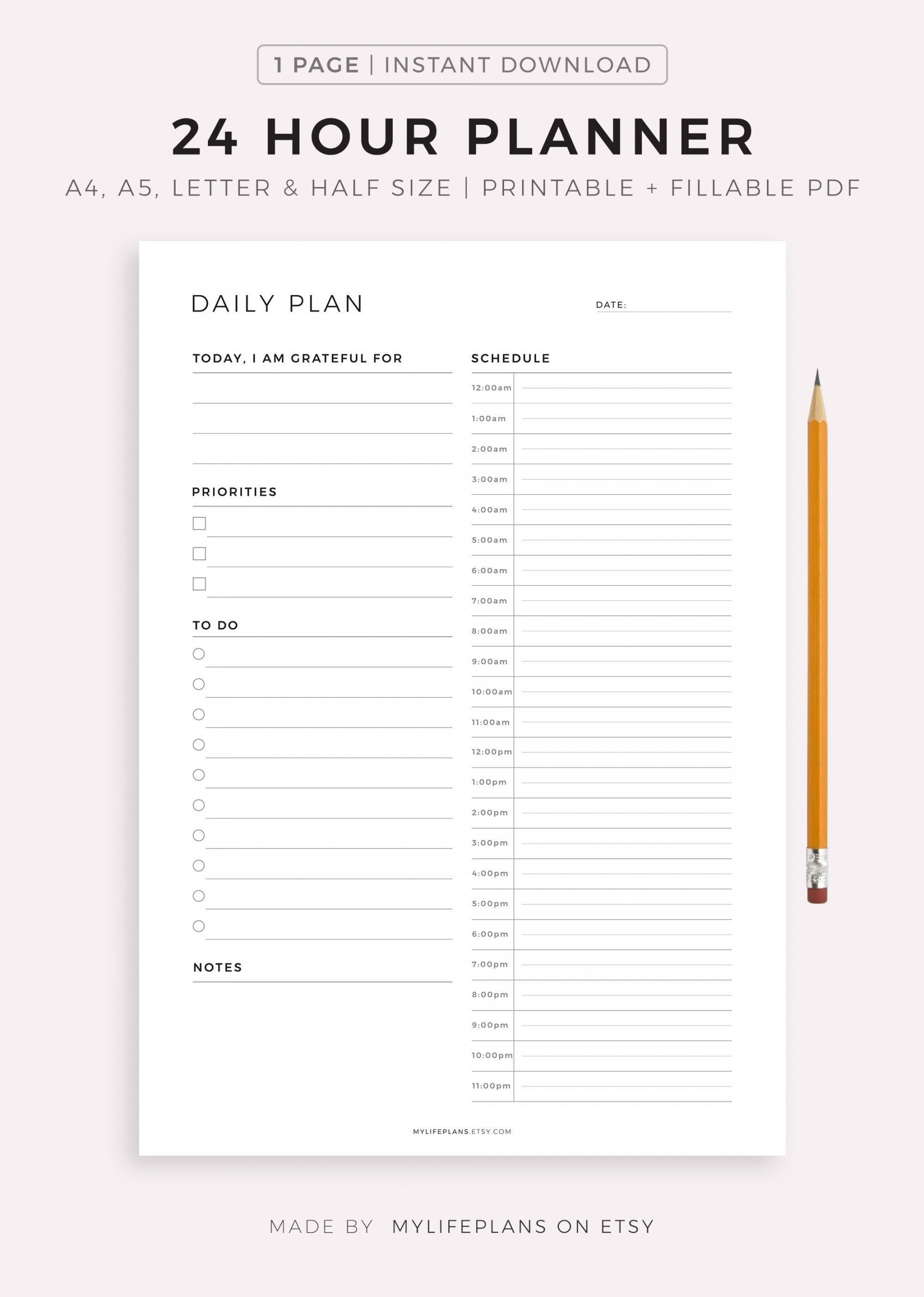 Hour Daily Planner Printable Daily to Do List for Work / - Etsy