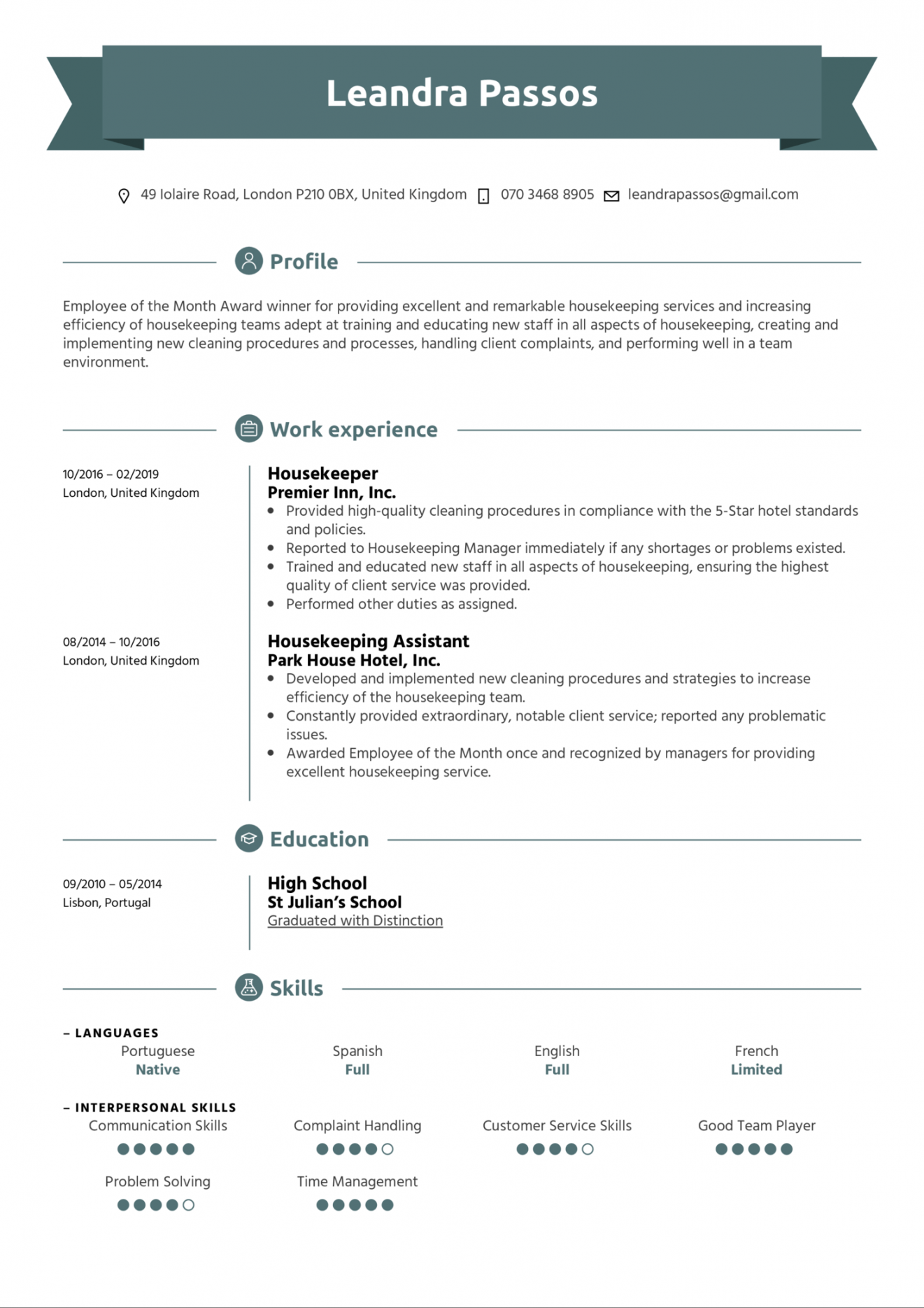 Housekeeper Resume Example  Kickresume