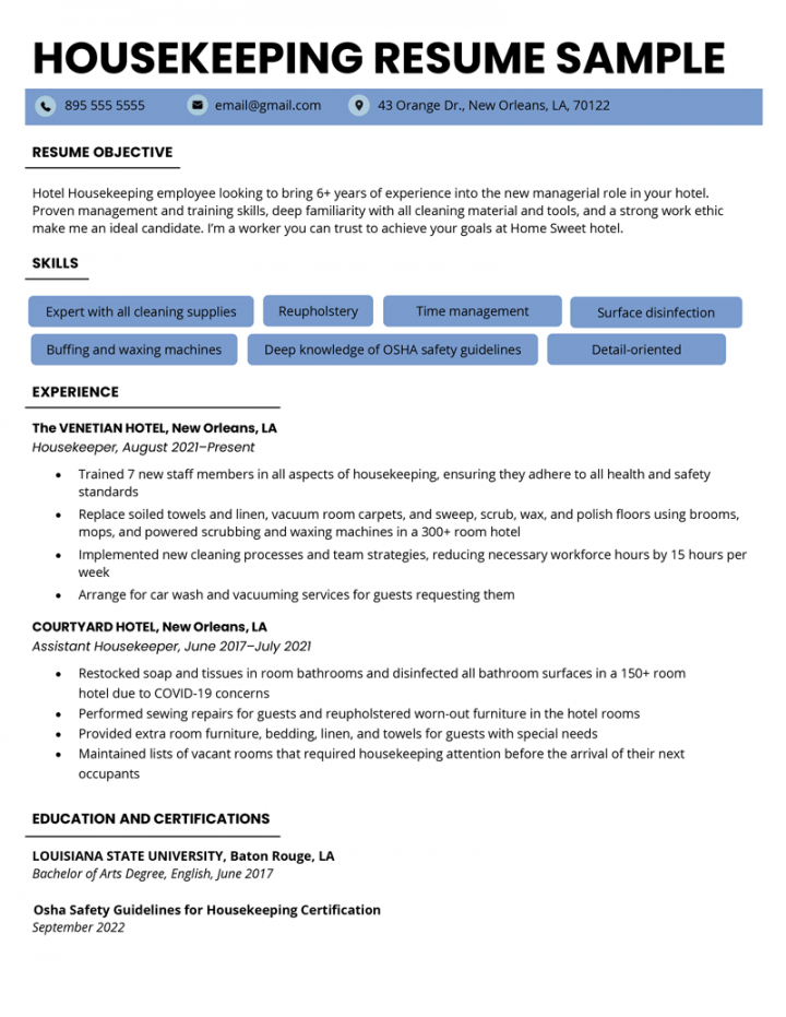 Housekeeping Resume Sample & Writing Tips