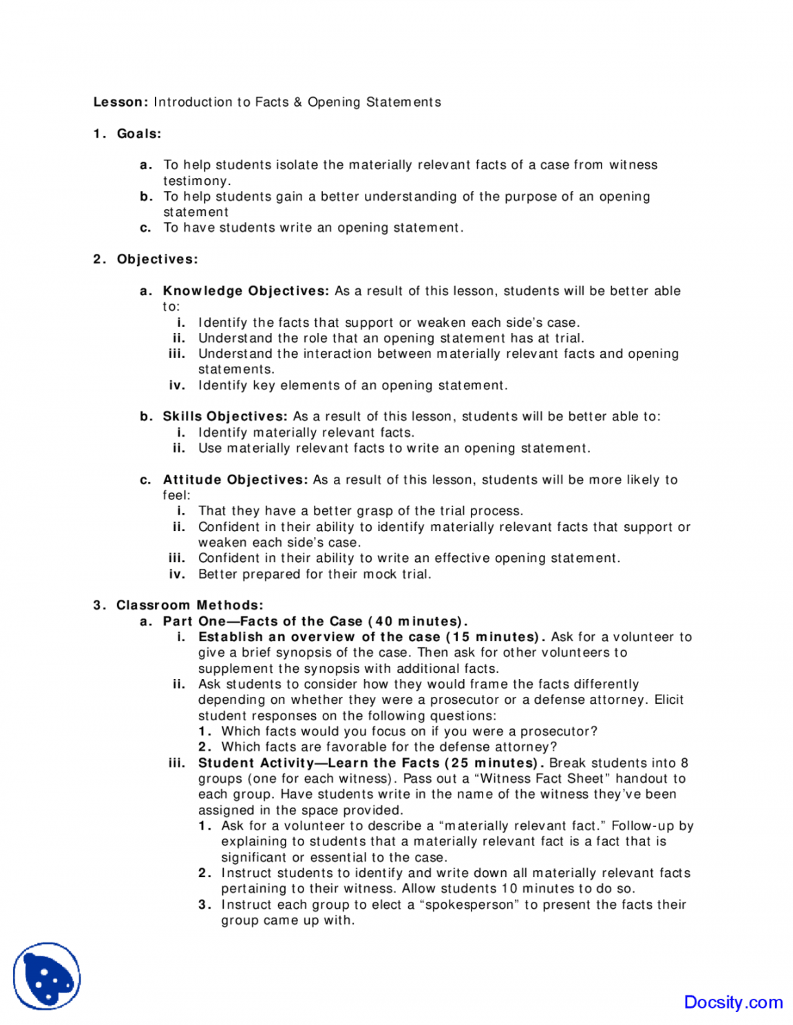 Introduction to Facts and Opening Statements - Mock Trial