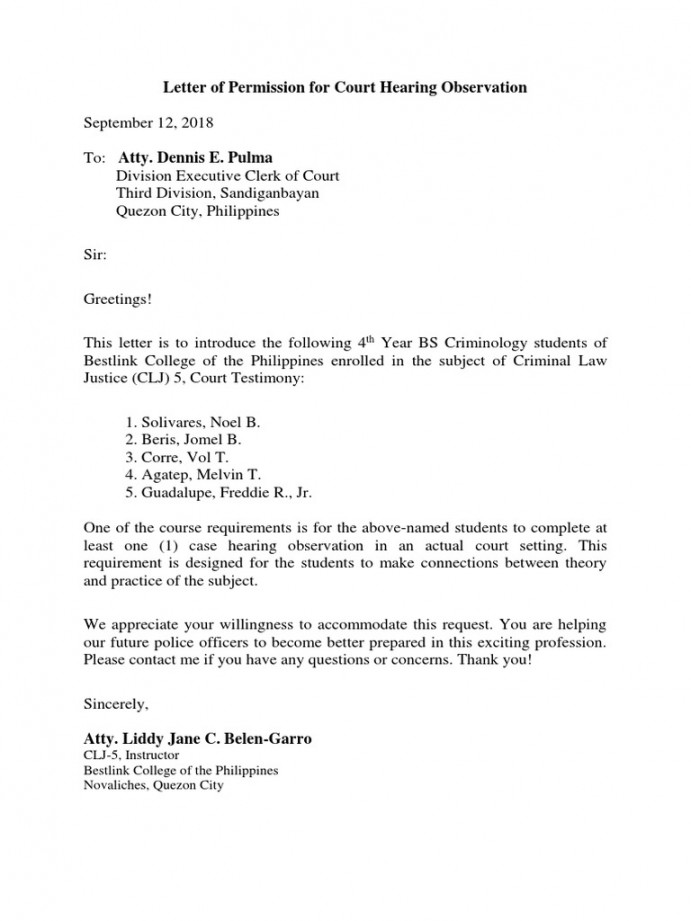 Letter of Permission For Court Hearing Observation  PDF