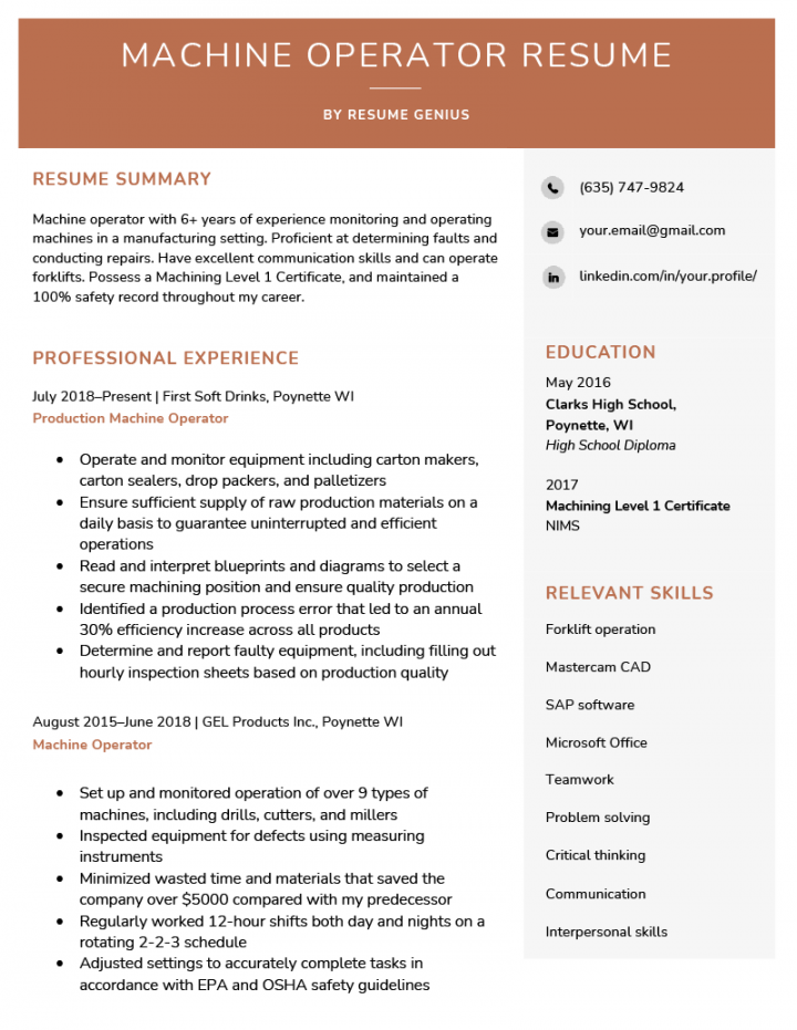 Machine Operator Resume Sample +  Writing Tips