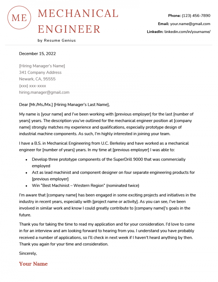 Mechanical Engineer Cover Letter - Example & Free Template