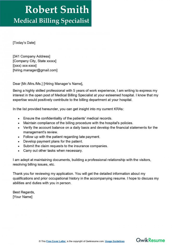 Medical Billing Specialist Cover Letter Examples - QwikResume