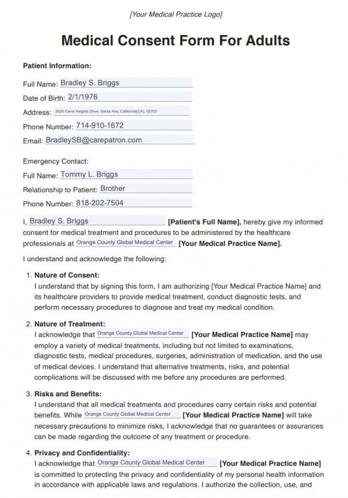 Medical Consent Form For Adults & Example  Free PDF Download