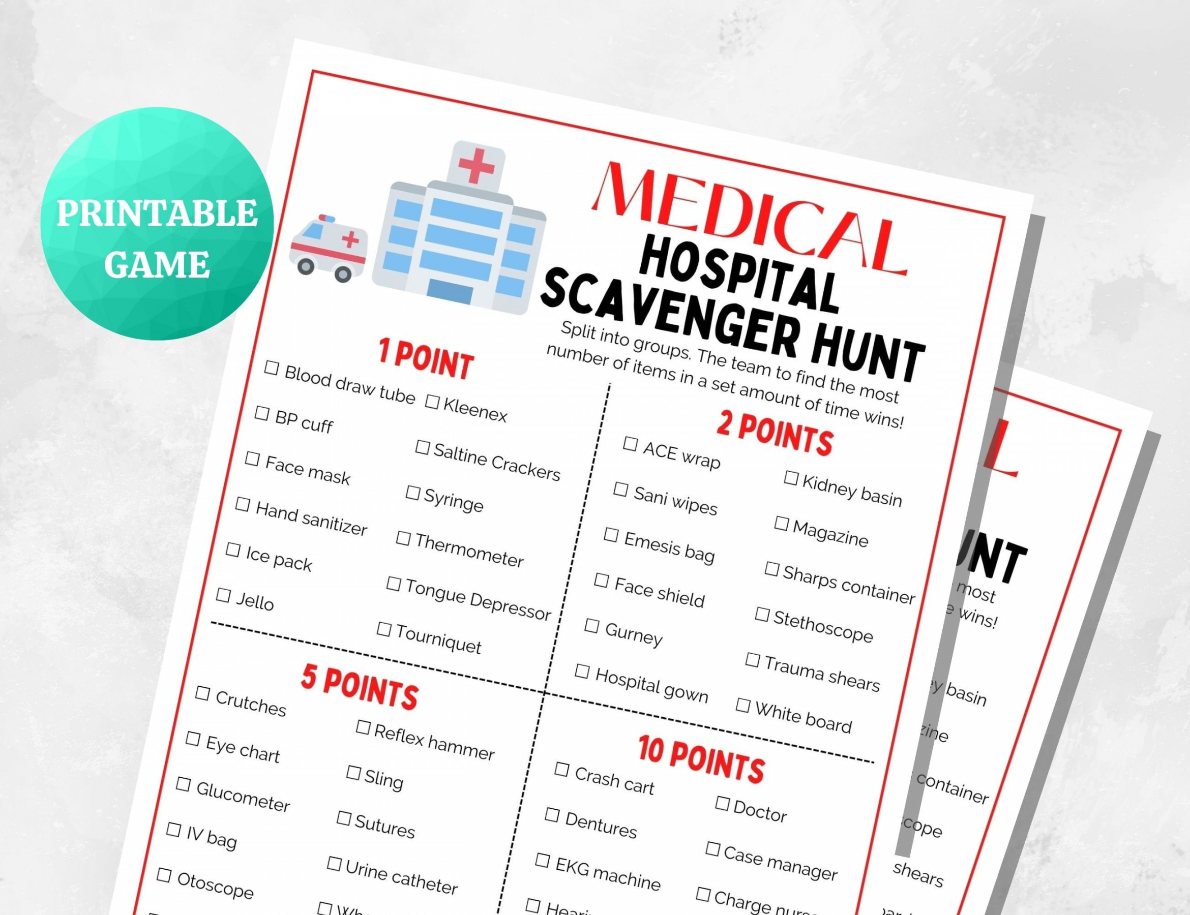 Medical HOSPITAL Scavenger Hunt PRINTABLE Medical Game Doctor