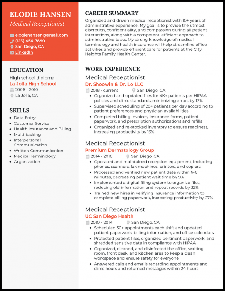 Medical Receptionist Resume Examples for <br/><span style