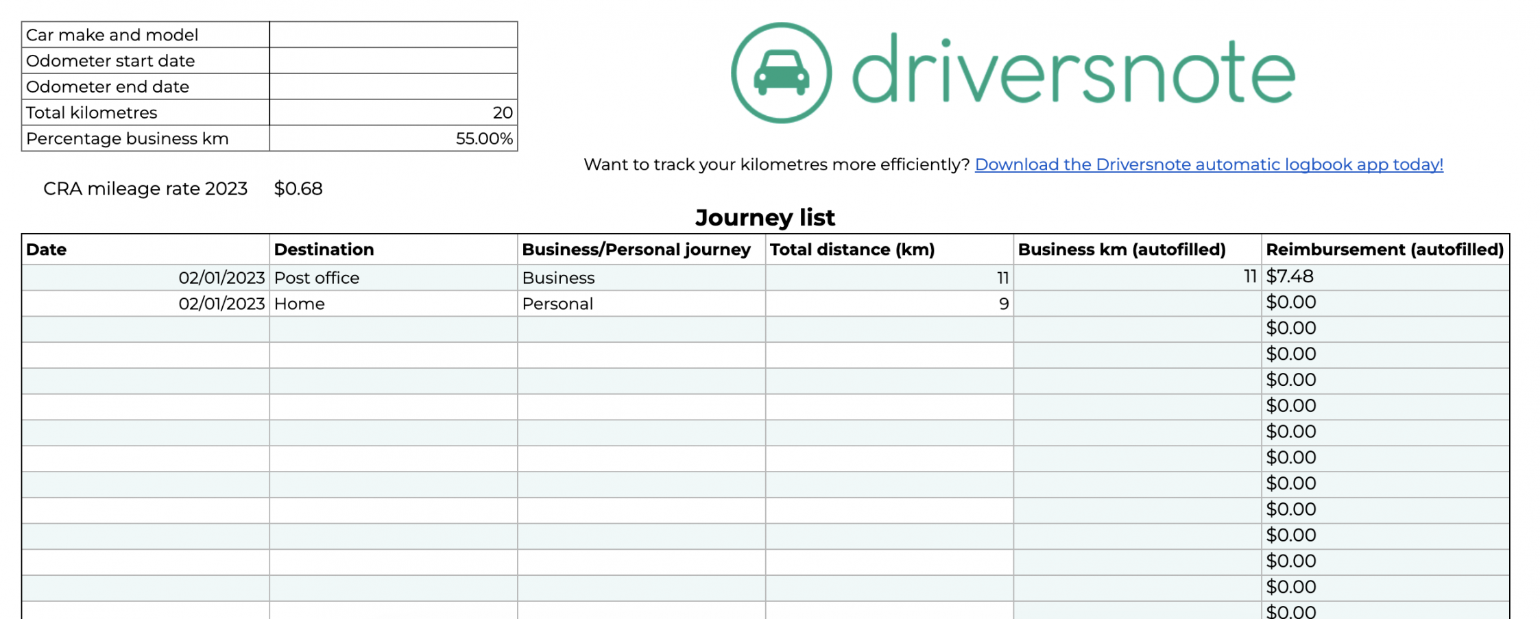 Mileage Log Template , Free Excel and PDF Log Book - Driversnote