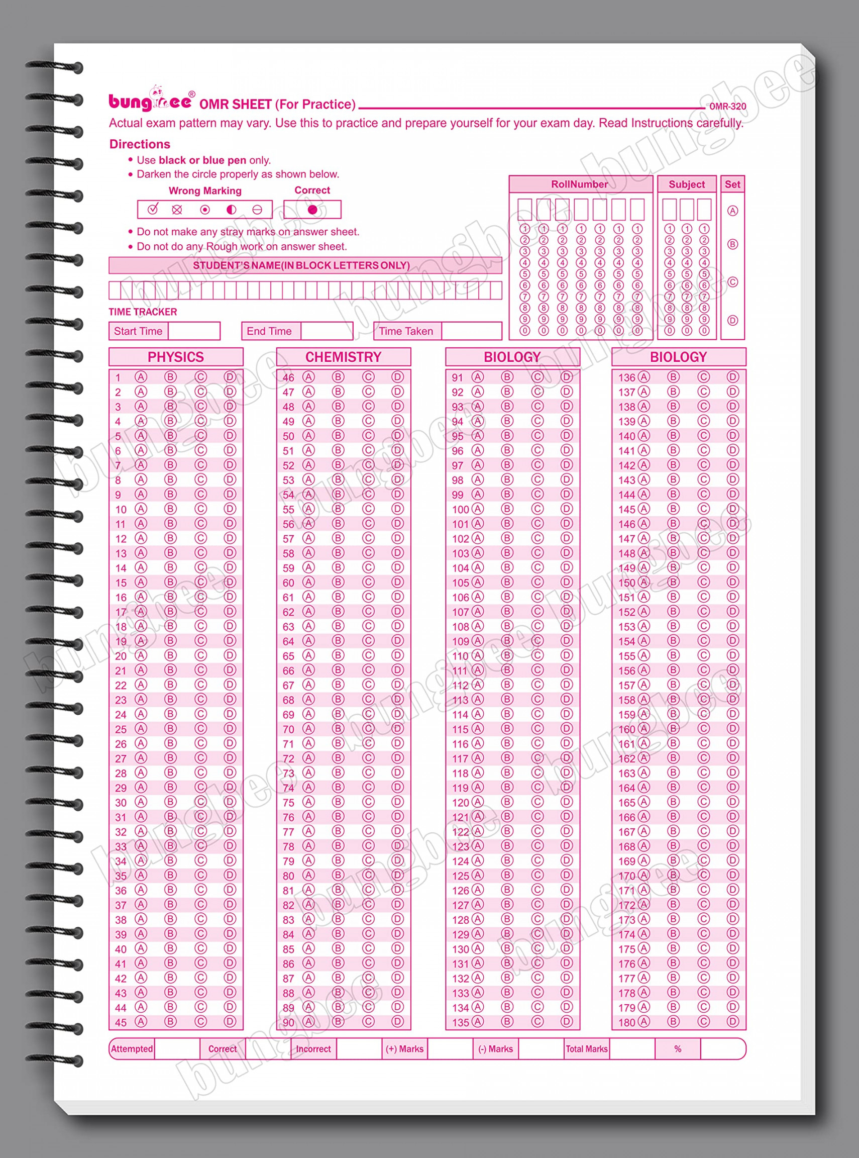 OMR Sheets for Practice  MCQs by BUNGBEE -  Sheets Spiral Notebook,  A Size