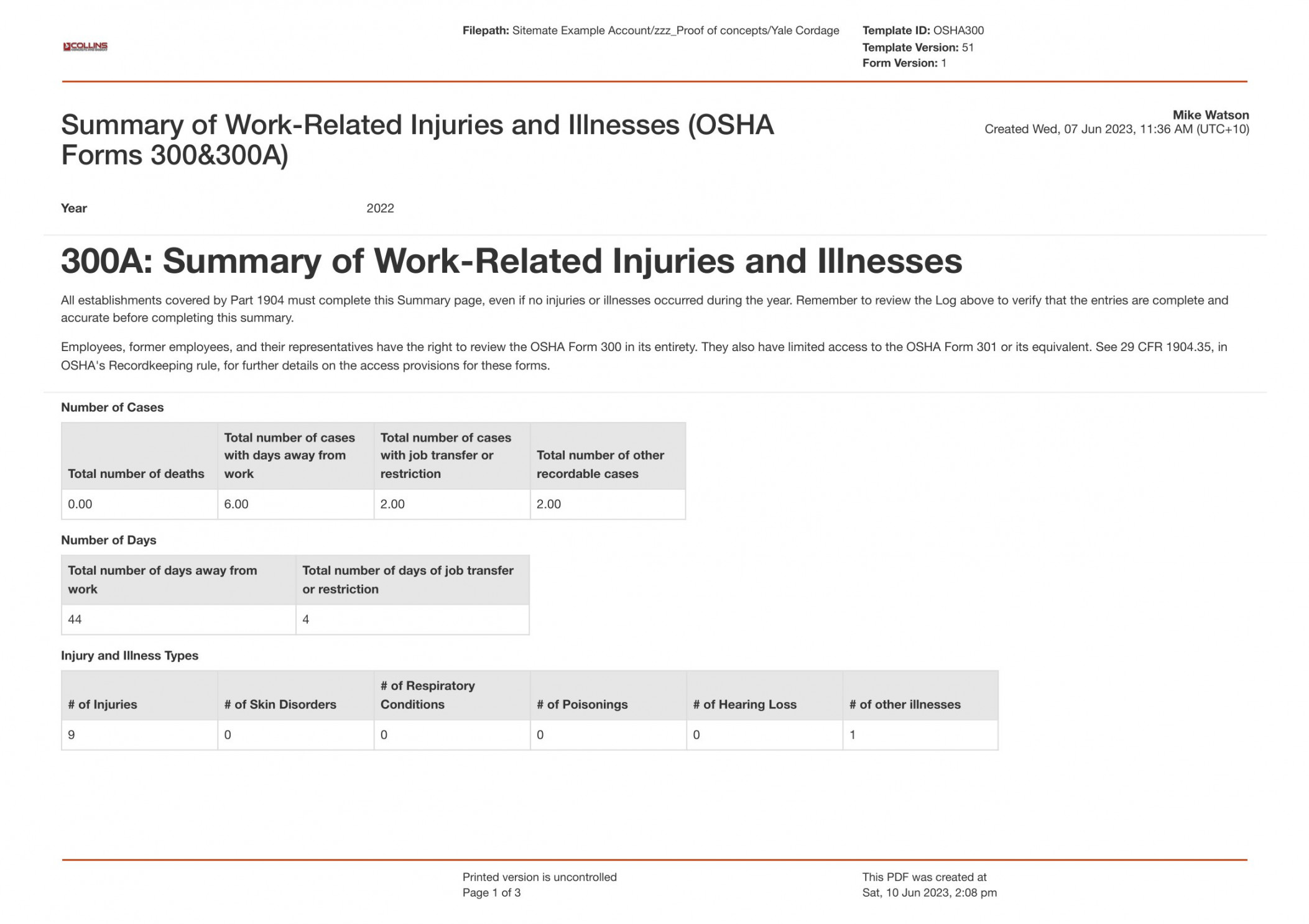 OSHA  Log Example: see what a completed log looks like