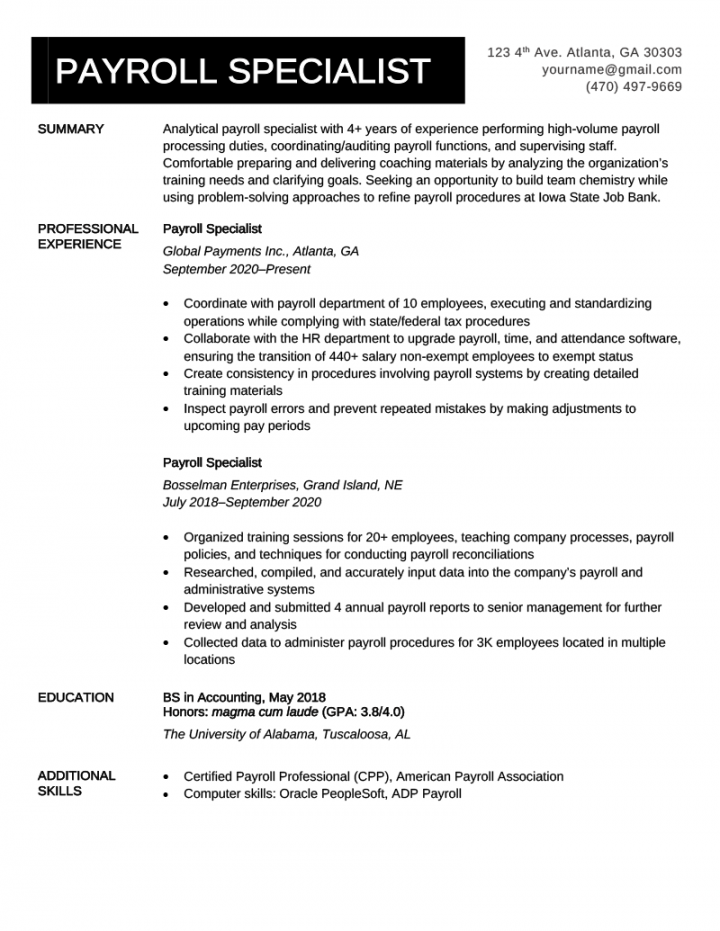 Payroll Specialist Resume - Example & Expert Writing Tips