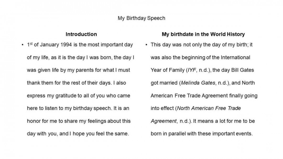 Personal Birthday Speech -  Words  Presentation Example