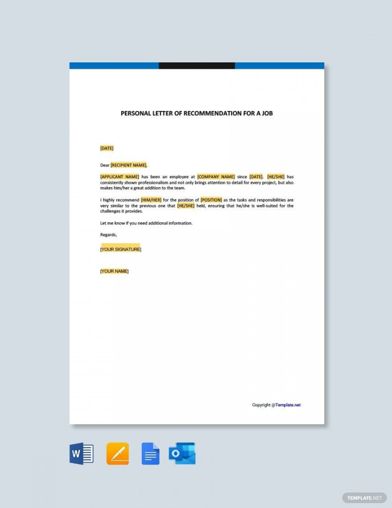 Personal Letter of Recommendation For A Job - Download in Word