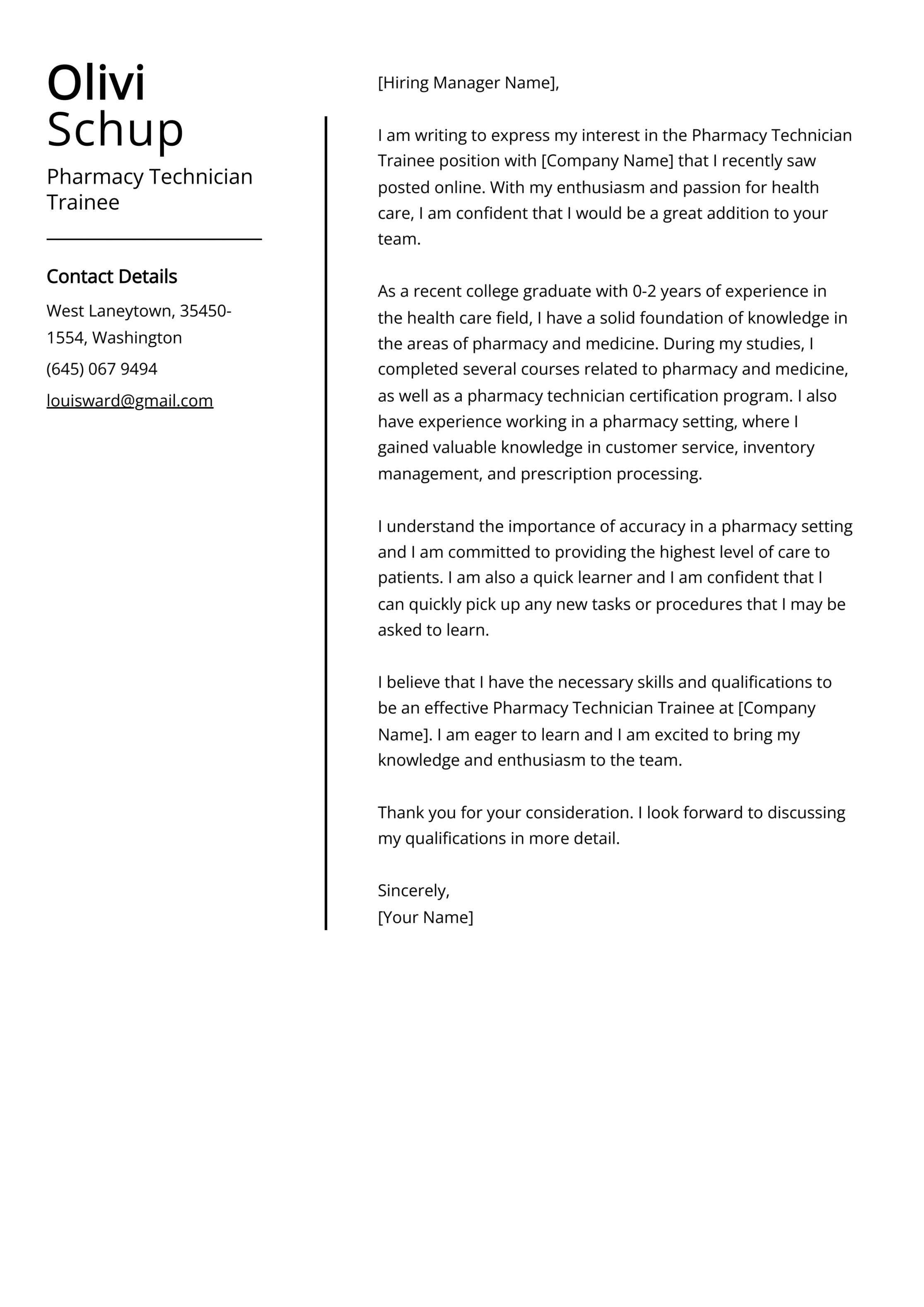 Pharmacy Technician Trainee Cover Letter Example (Free Guide)