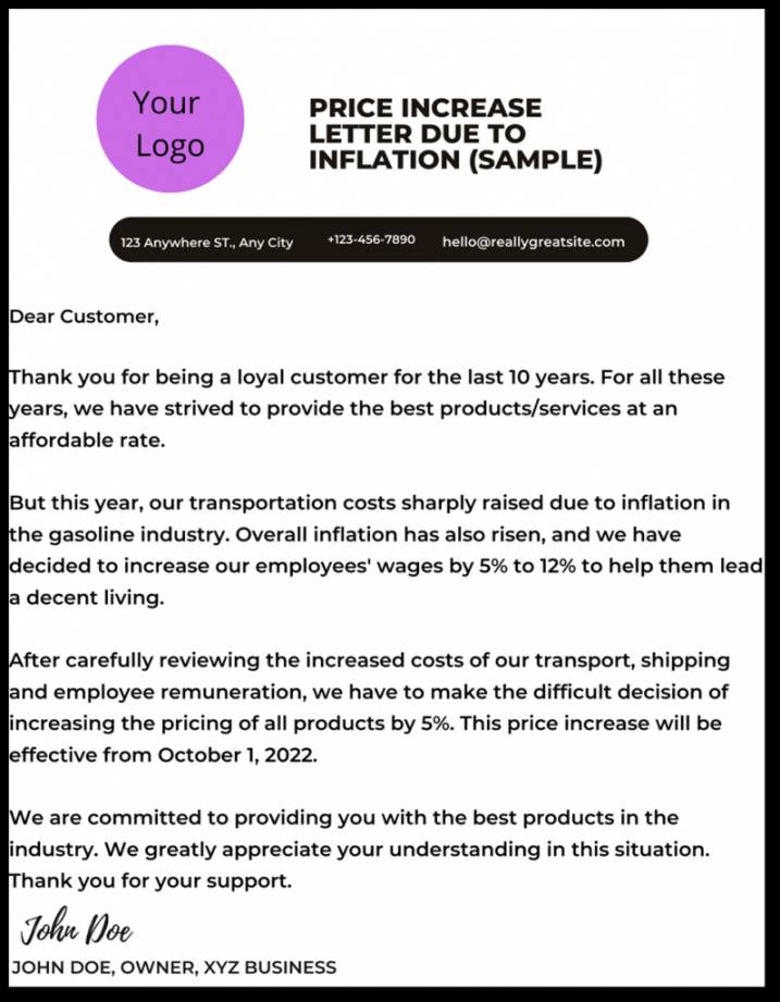 Price Increase Letter Samples   Edition - Yottled