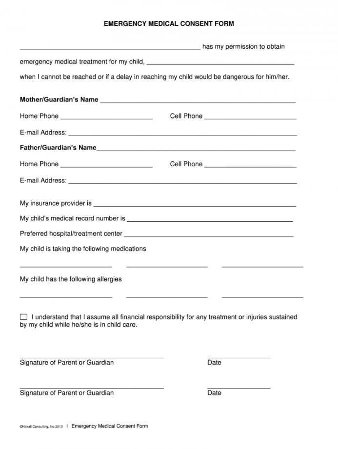 Printable Medical Consent Form For Minor While Parents Are Away