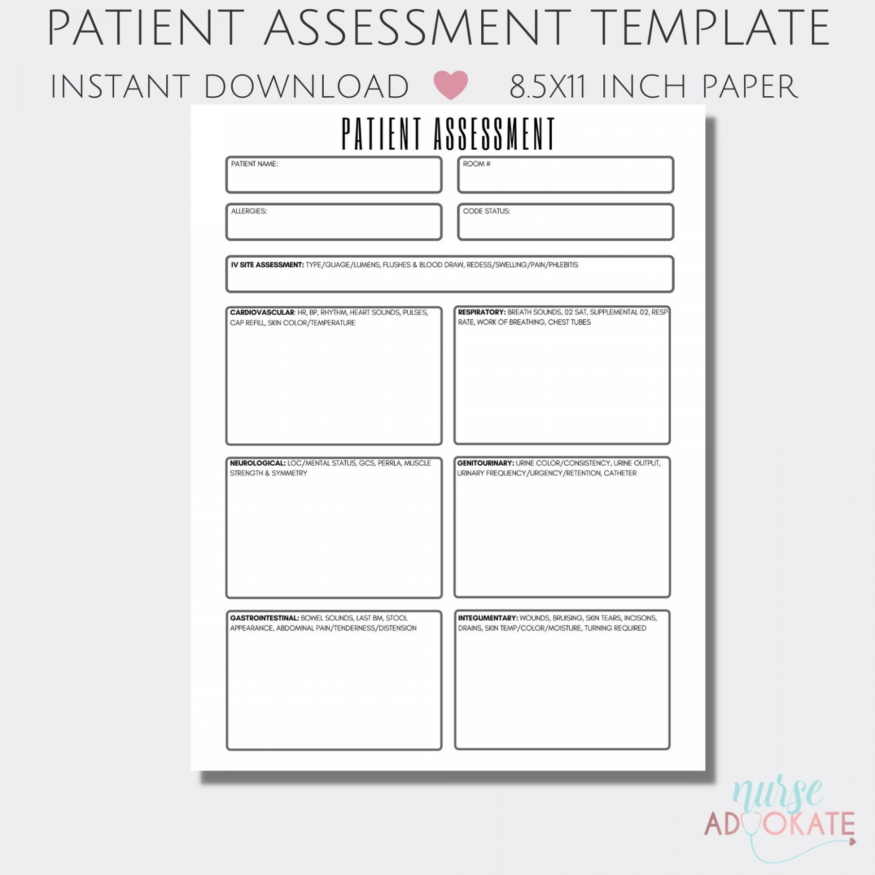 Printable Patient Assessment Template for Nursing Students and New