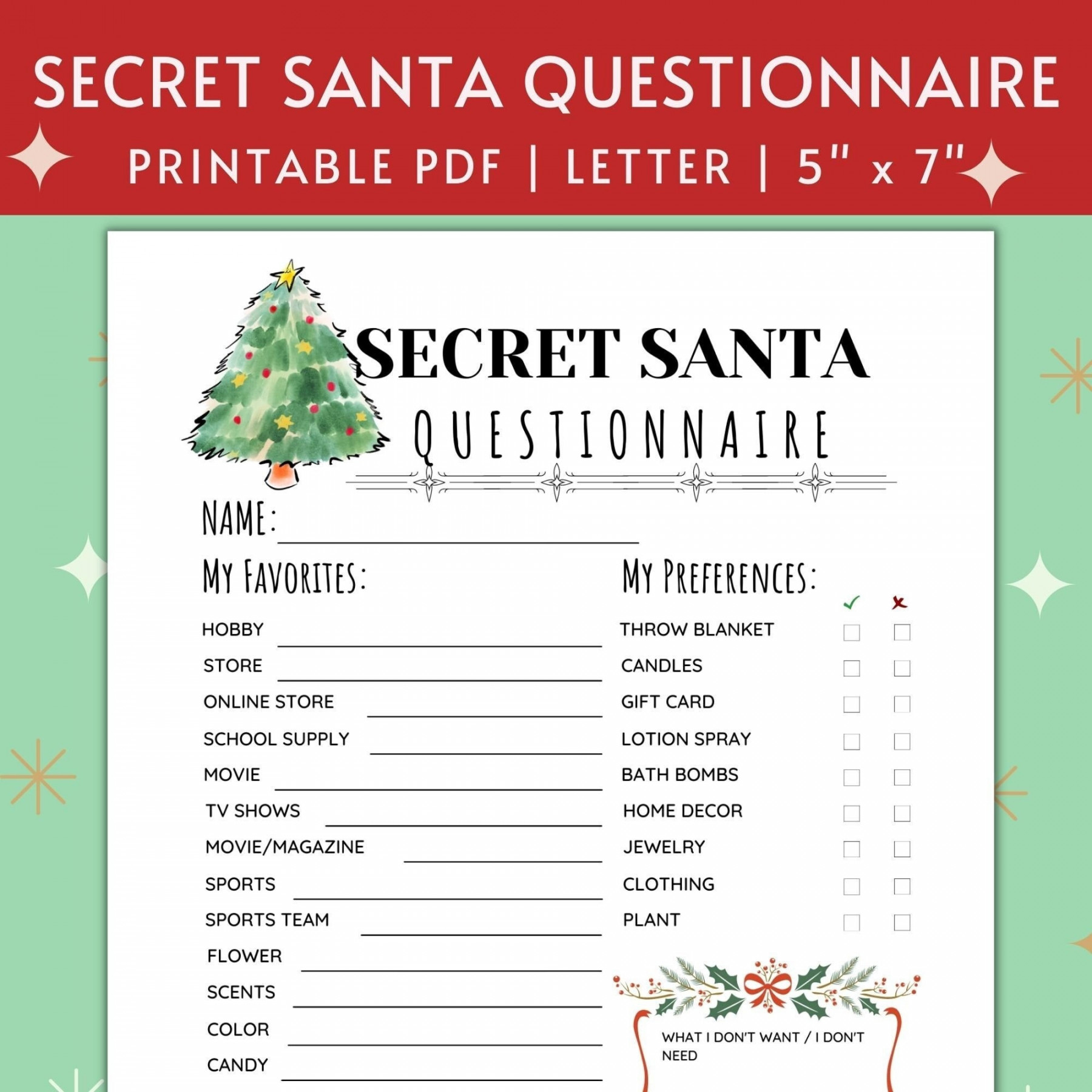 Printable Secret Santa Questionnaire for Christmas Gift - Etsy