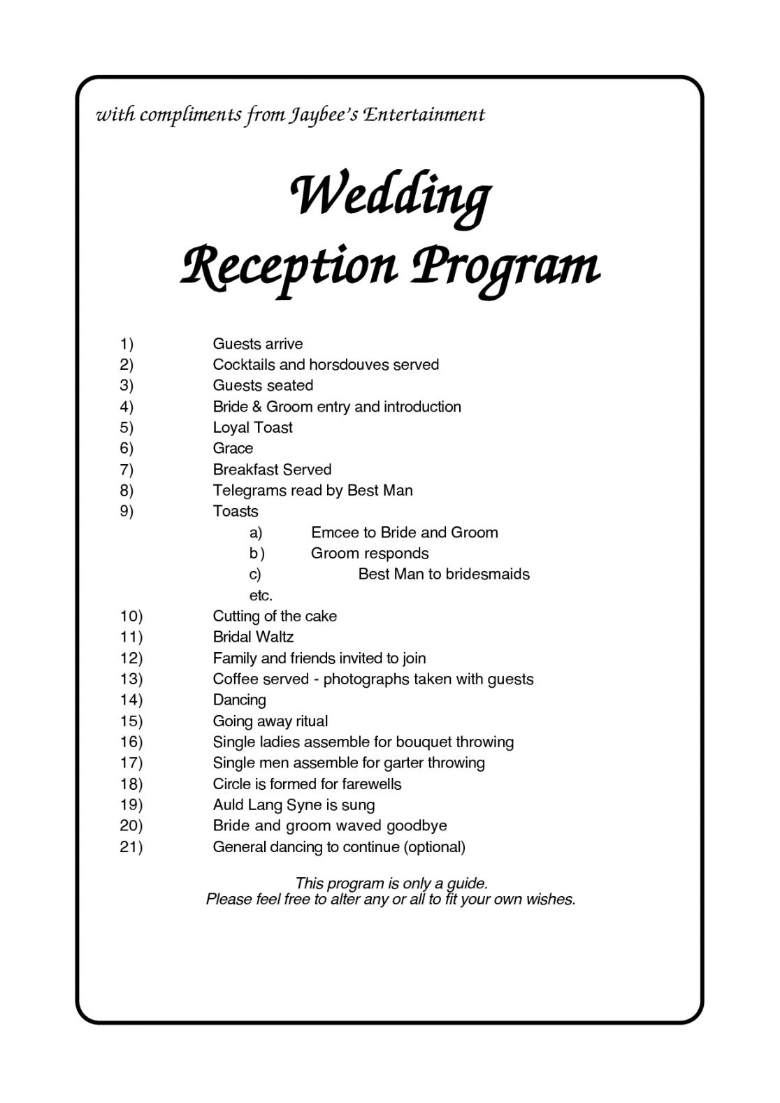 Reception examples  Wedding reception program, Wedding reception