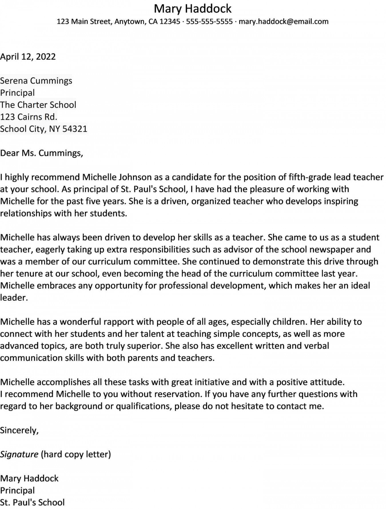 Sample Recommendation Letter for a Teacher