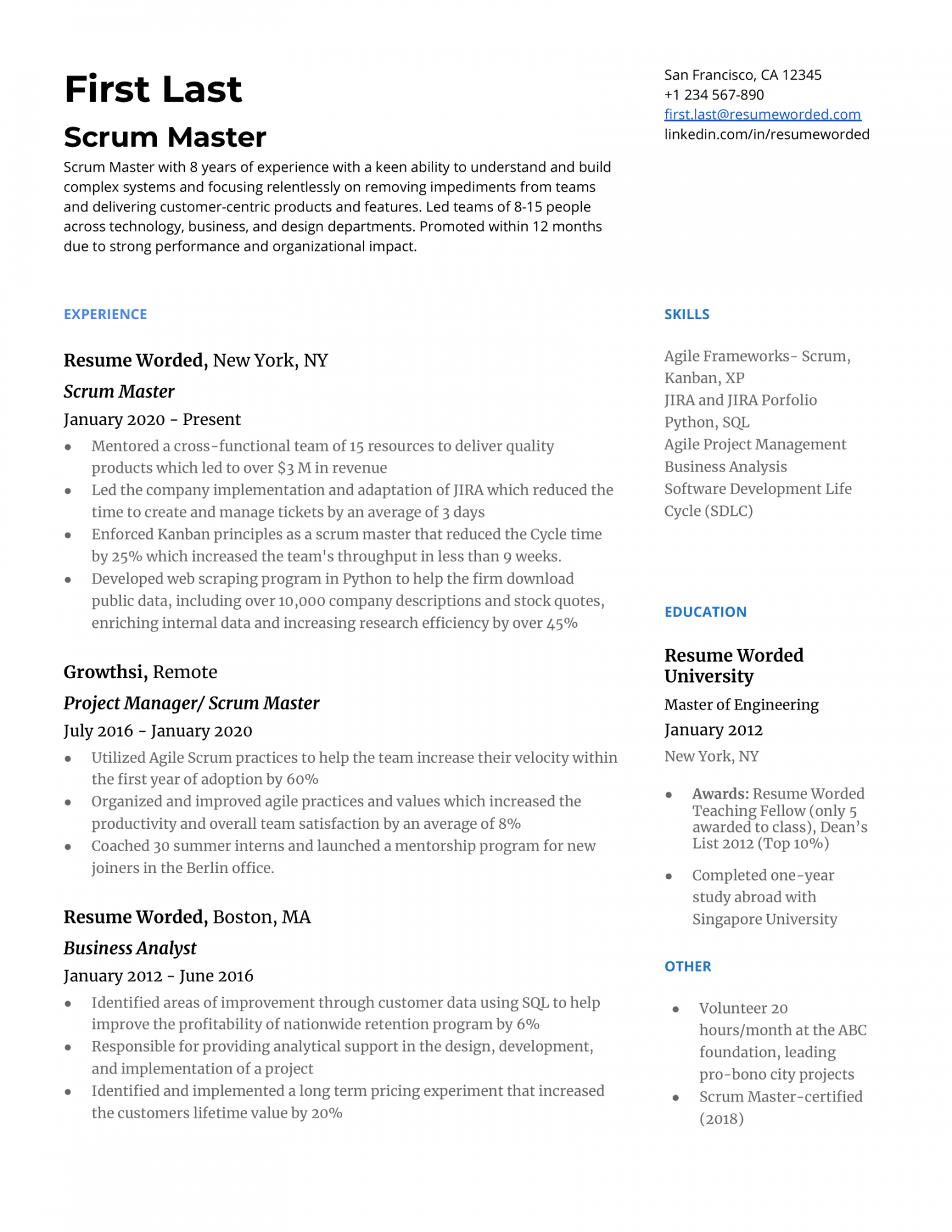 Scrum Master Resume Examples for   Resume Worded