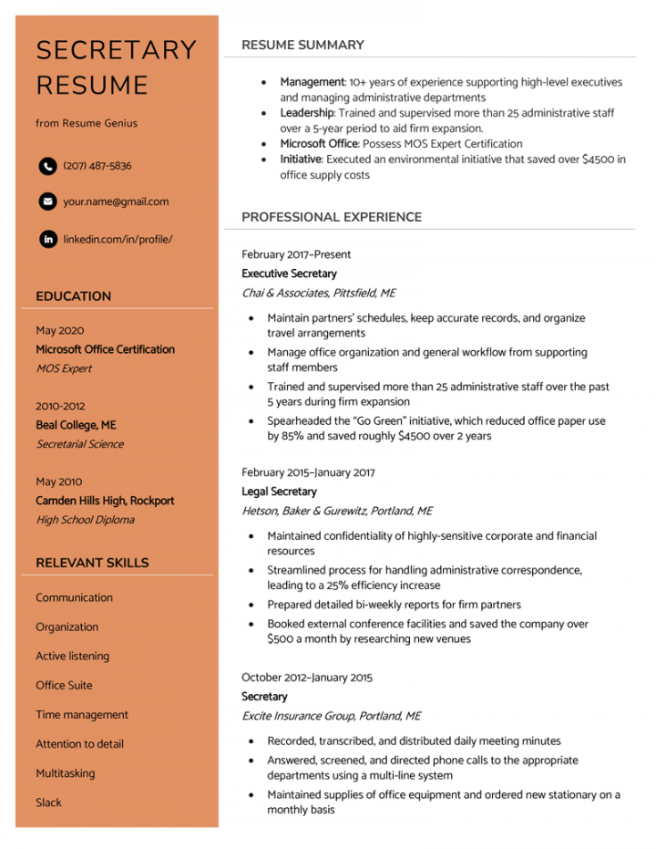 Secretary Resume Example +  Expert Writing Tips