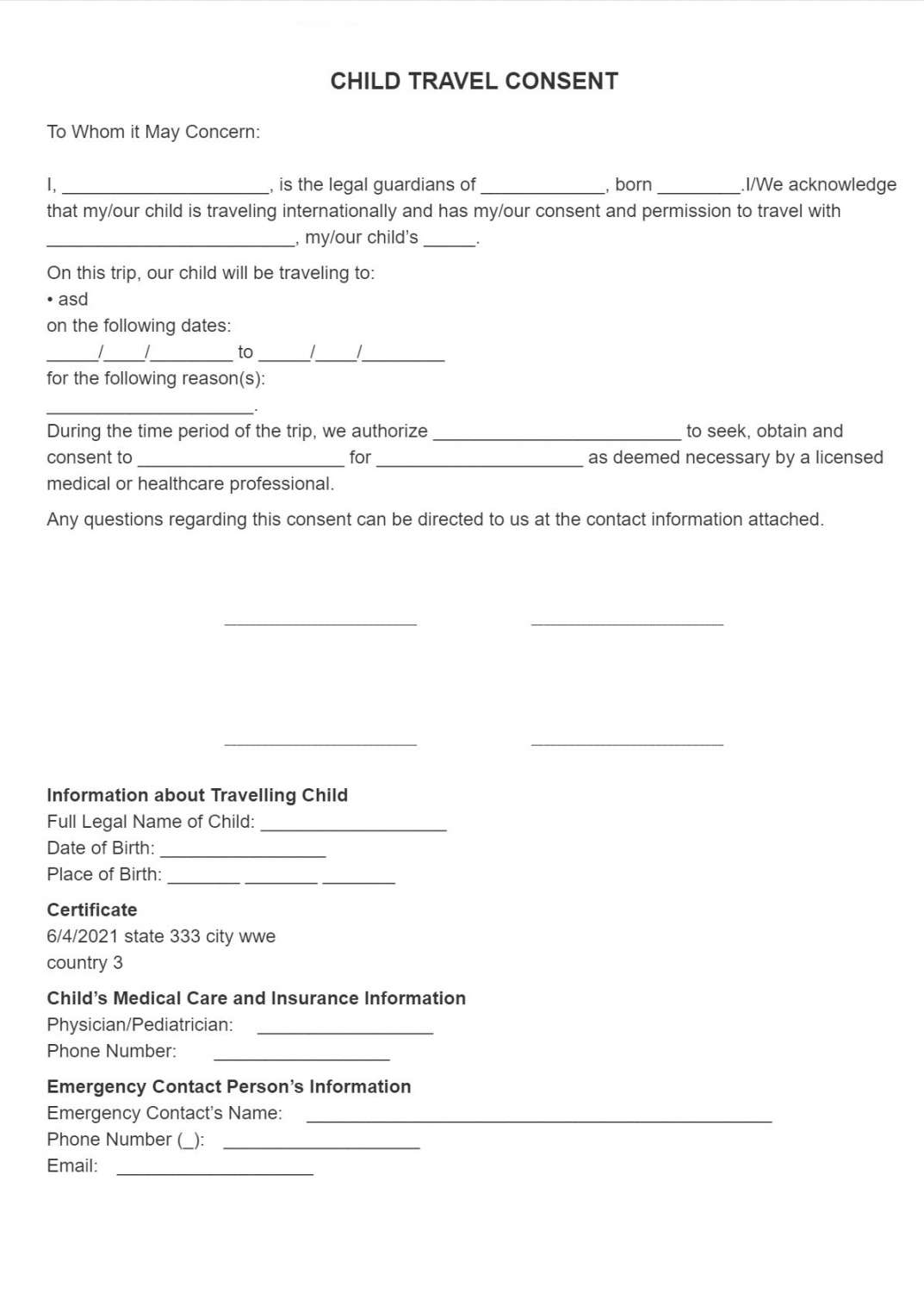 SignSimpli: Child Travel Consent Form