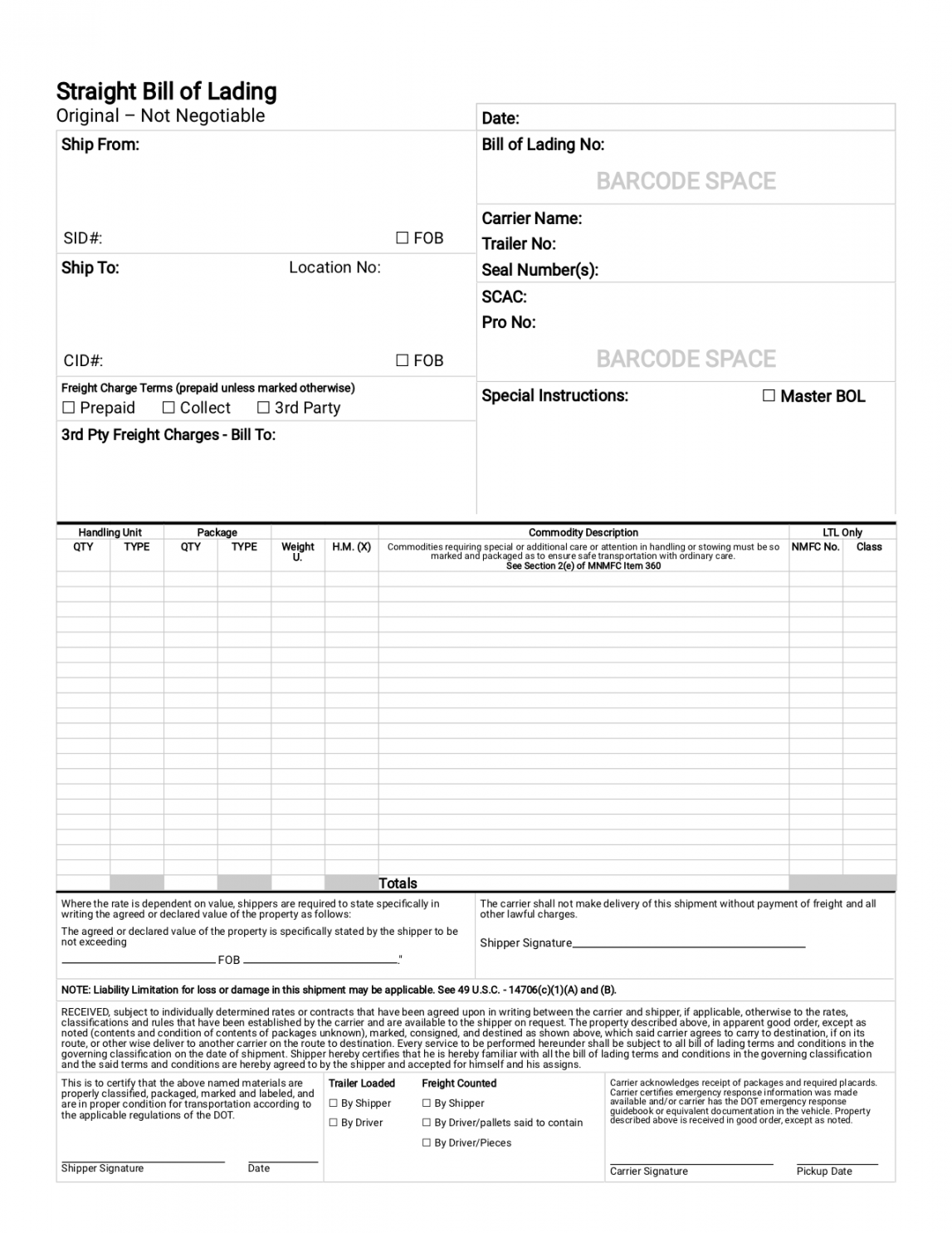 Straight Bill of Lading  Printable Template