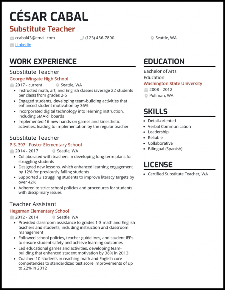 Substitute Teacher Resume Examples for