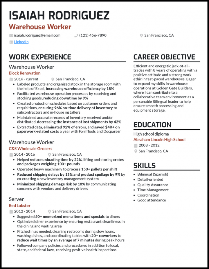 Warehouse Worker Resume Samples for