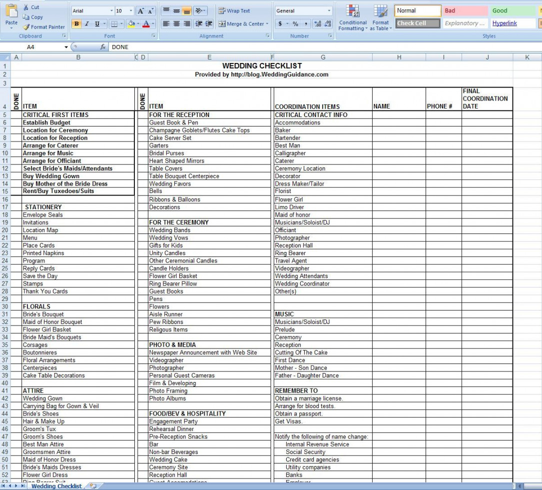 Wedding Checklist Free Excel Template  Wedding checklist excel
