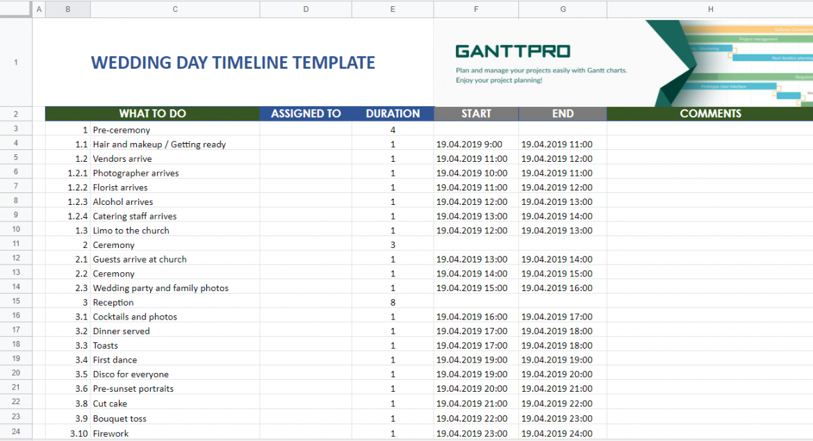 Wedding day timeline template  Excel Template  Free Download