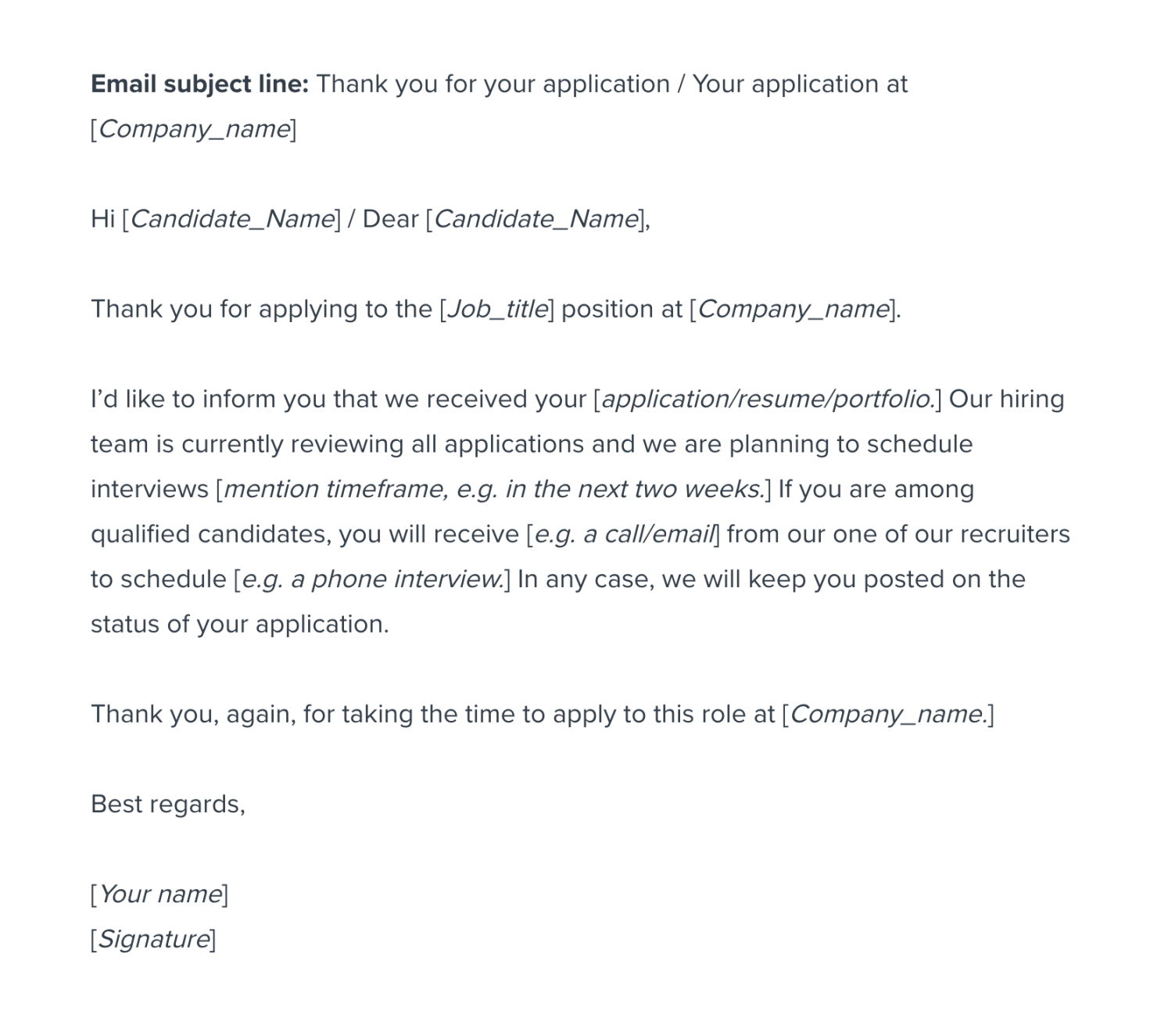 Application acknowledgement email template  Workable