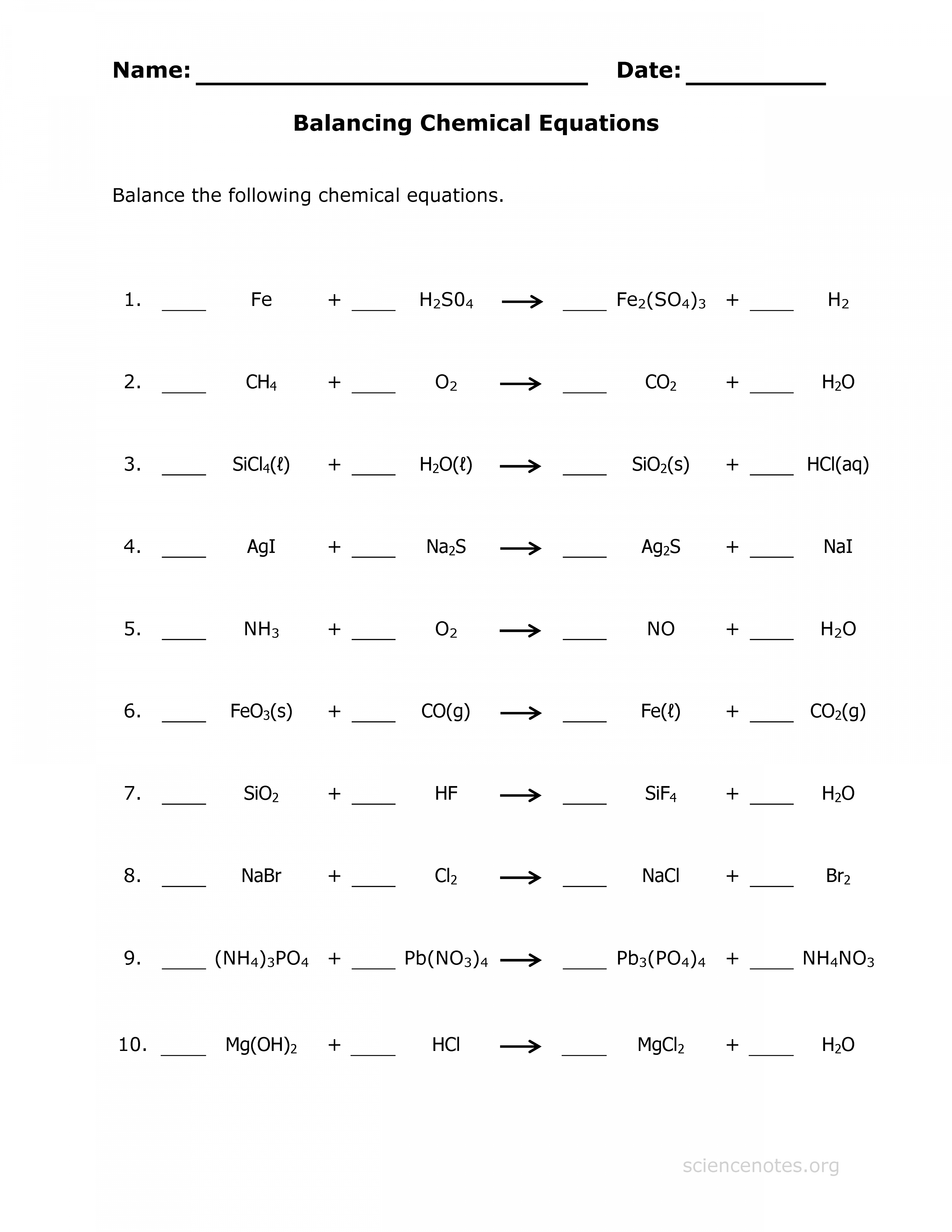 Balancing Chemical Equations Worksheet