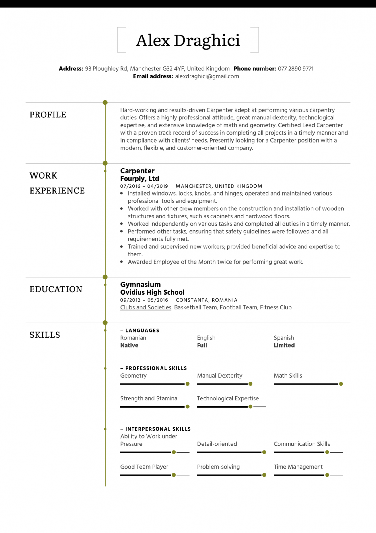 Carpenter Resume Example  Kickresume