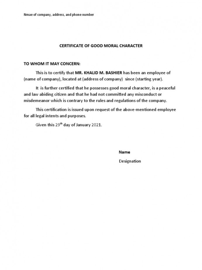 Certificate of Good Moral Character Sample  PDF