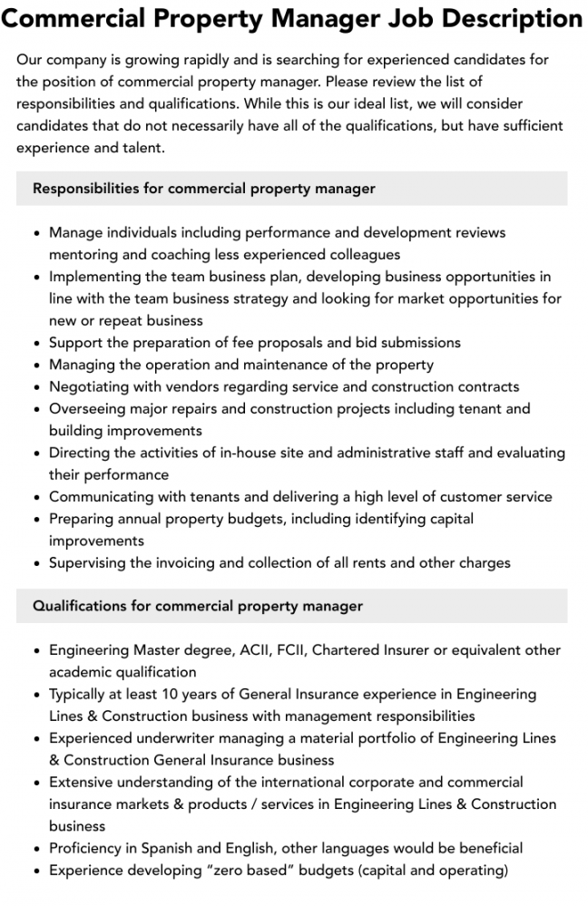 Commercial Property Manager Job Description  Velvet Jobs