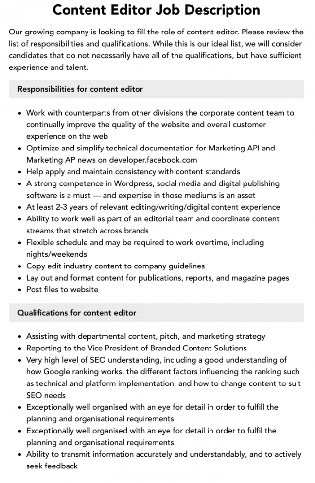 Content Editor Job Description  Velvet Jobs