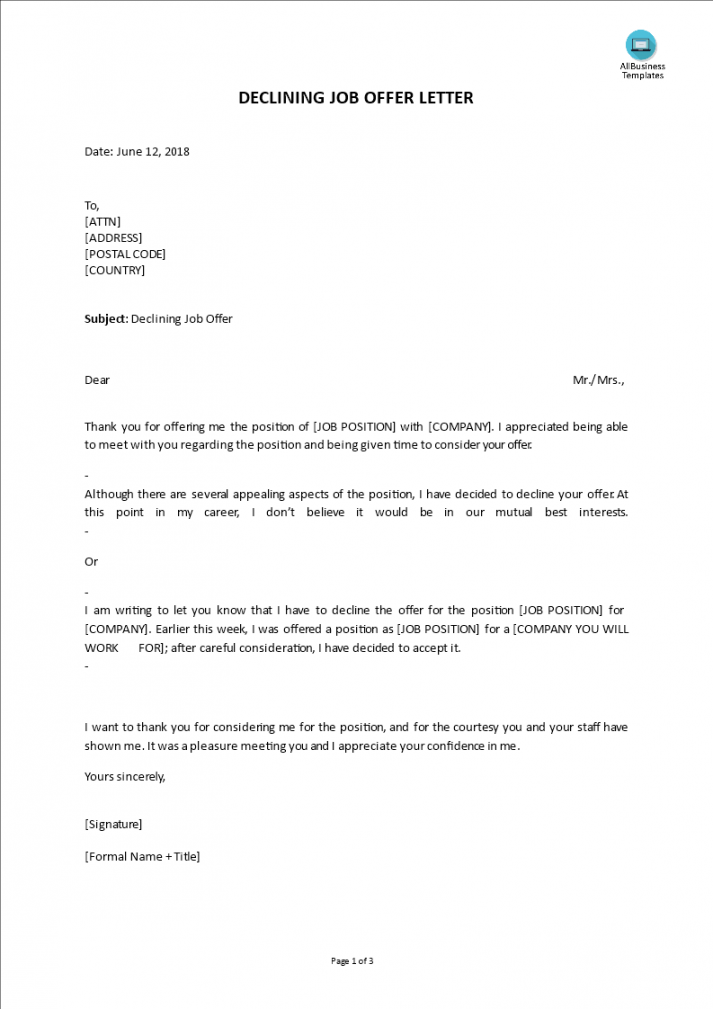 Declining Job Offer Letter - Do you need to write a letter to