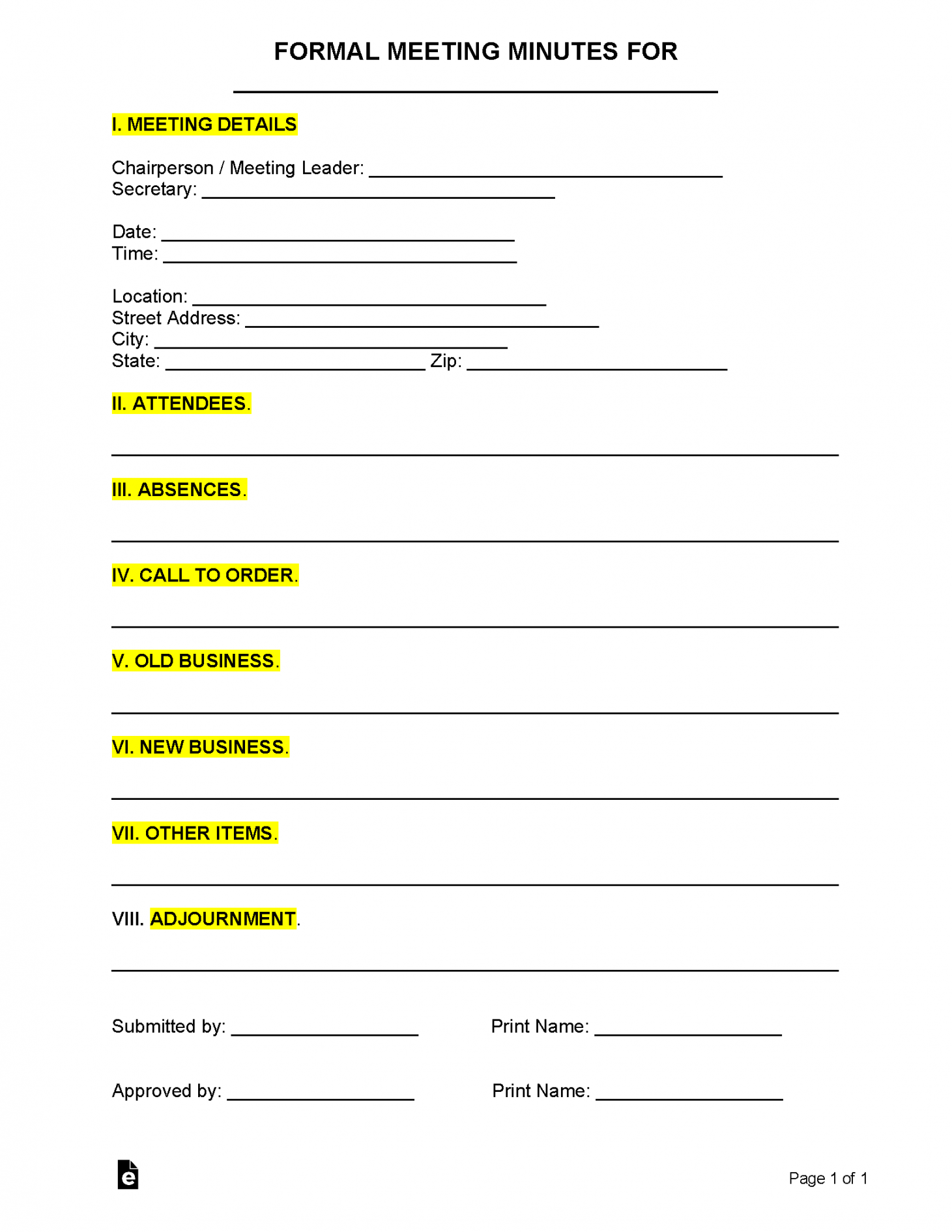 Free Formal Meeting Minutes Template  Sample - PDF  Word – eForms