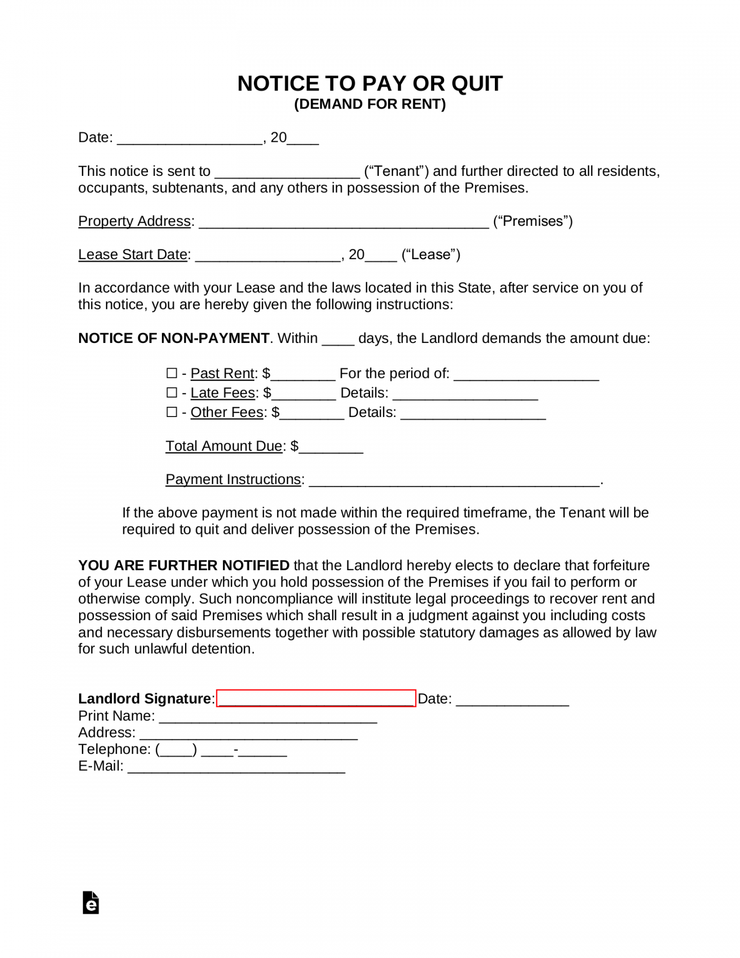 Free Late Rent Notice (to Pay or Quit) - PDF  Word – eForms