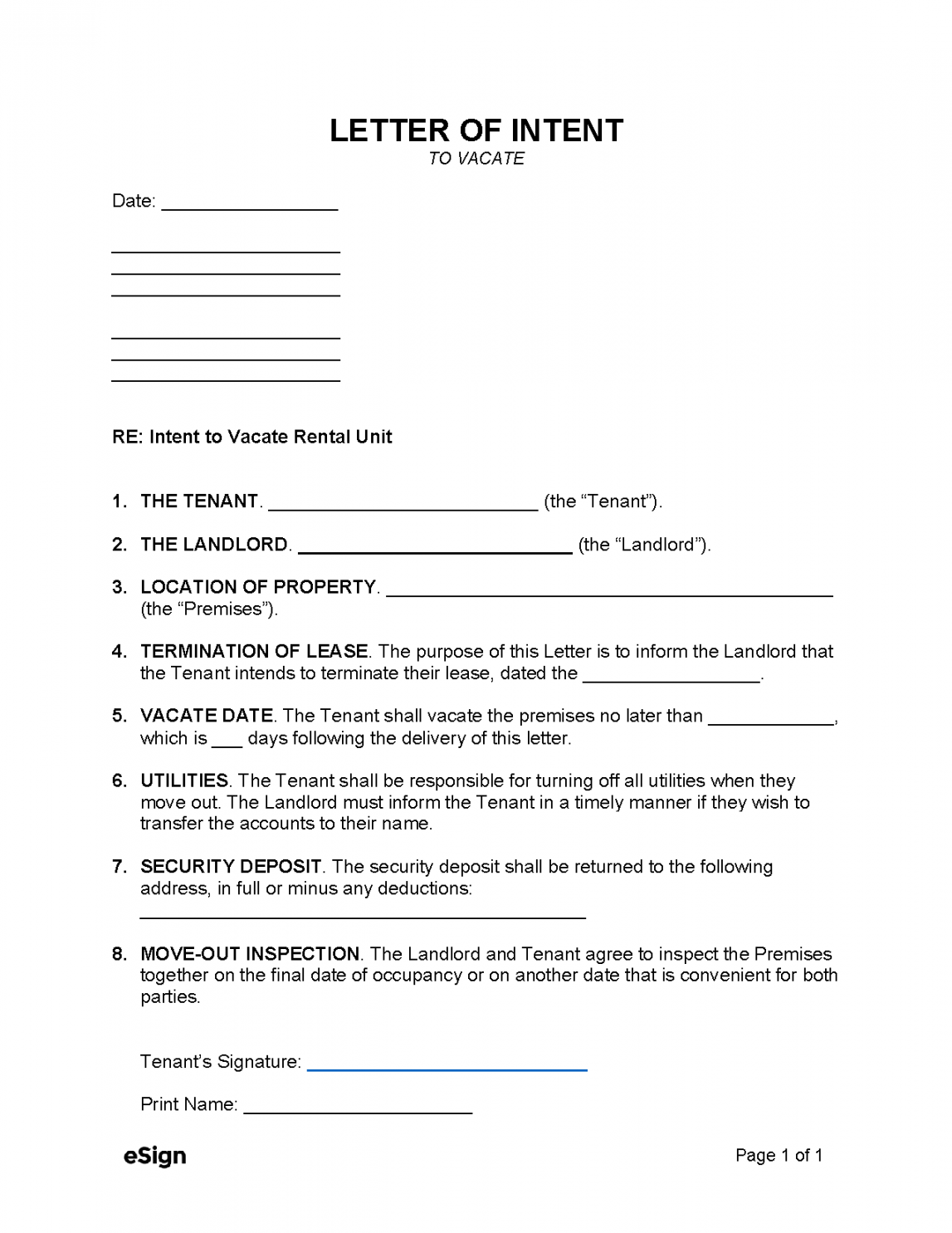 Free Letter of Intent to Vacate  PDF  Word