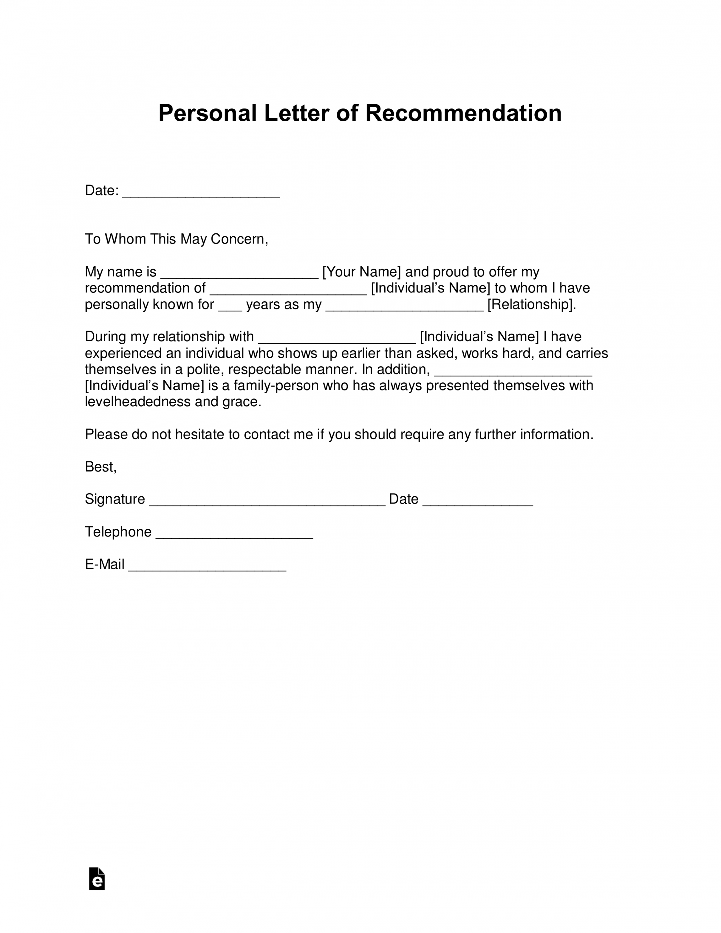 Free Letter of Recommendation Templates () - PDF  Word – eForms