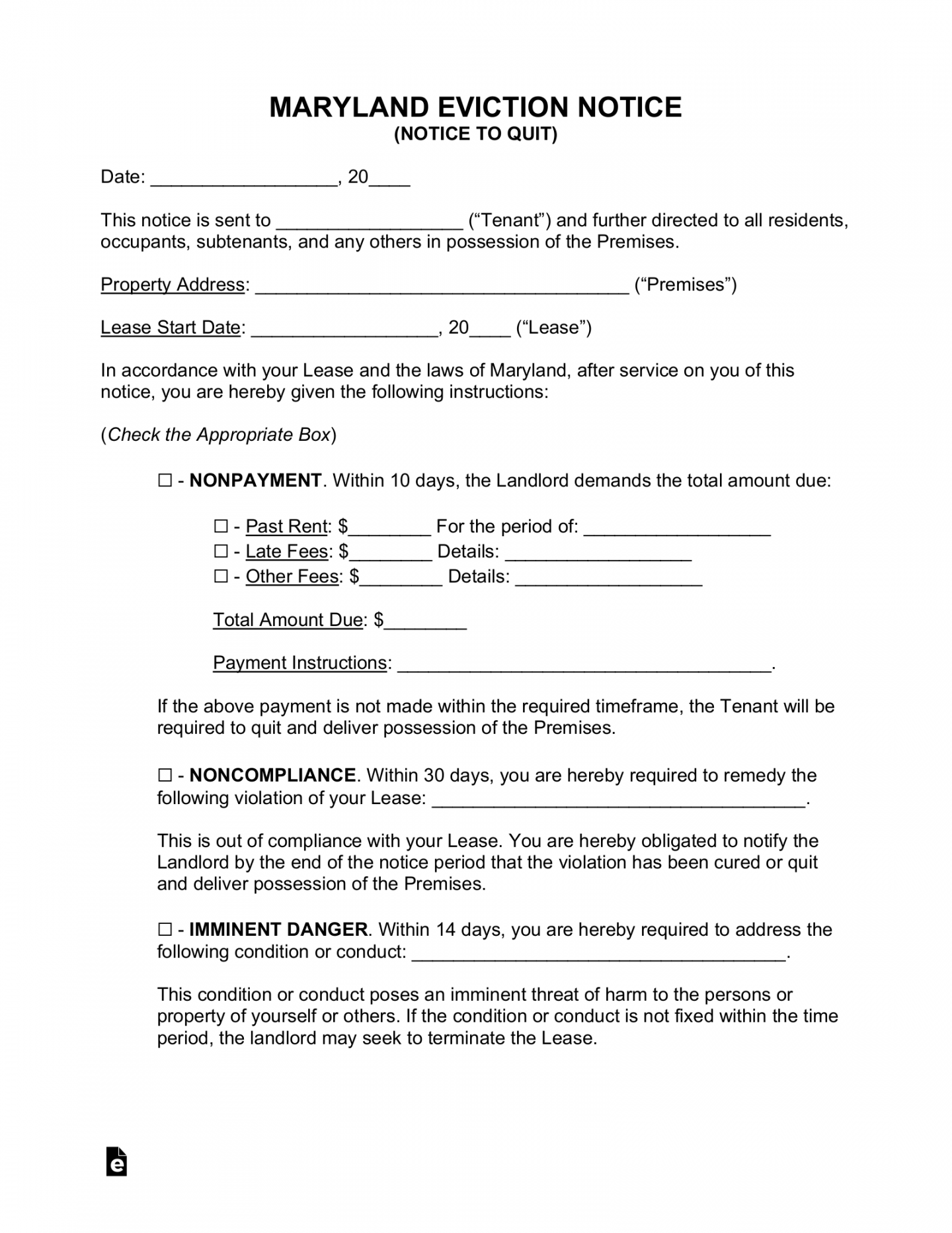 Free Maryland Eviction Notice Forms () - PDF  Word – eForms