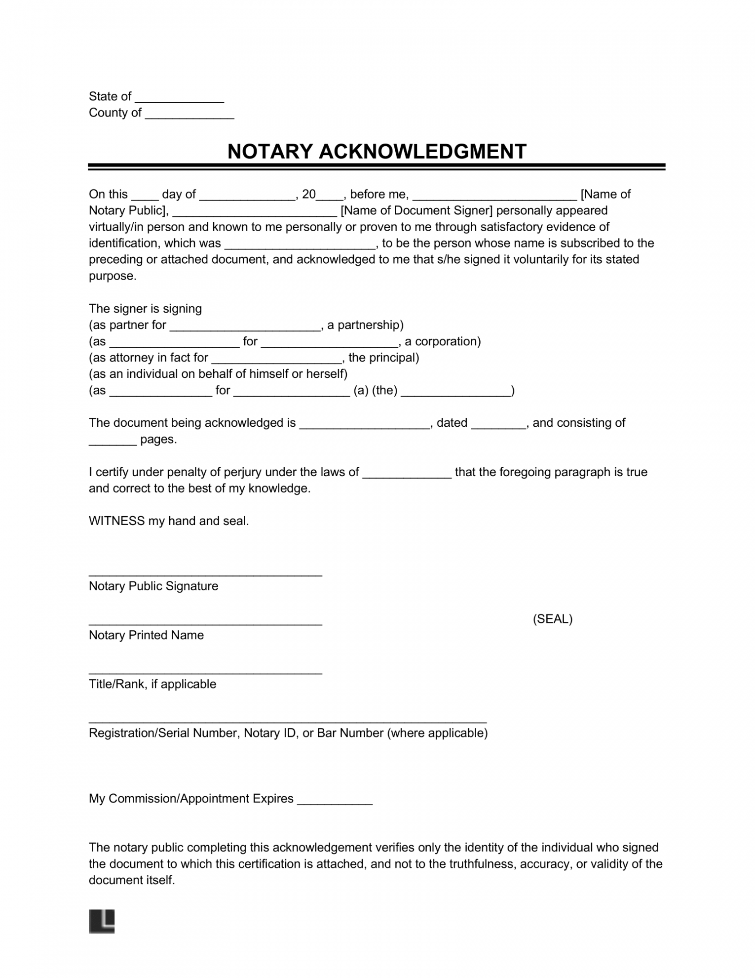 Free Notary Acknowledgment Form  PDF & Word