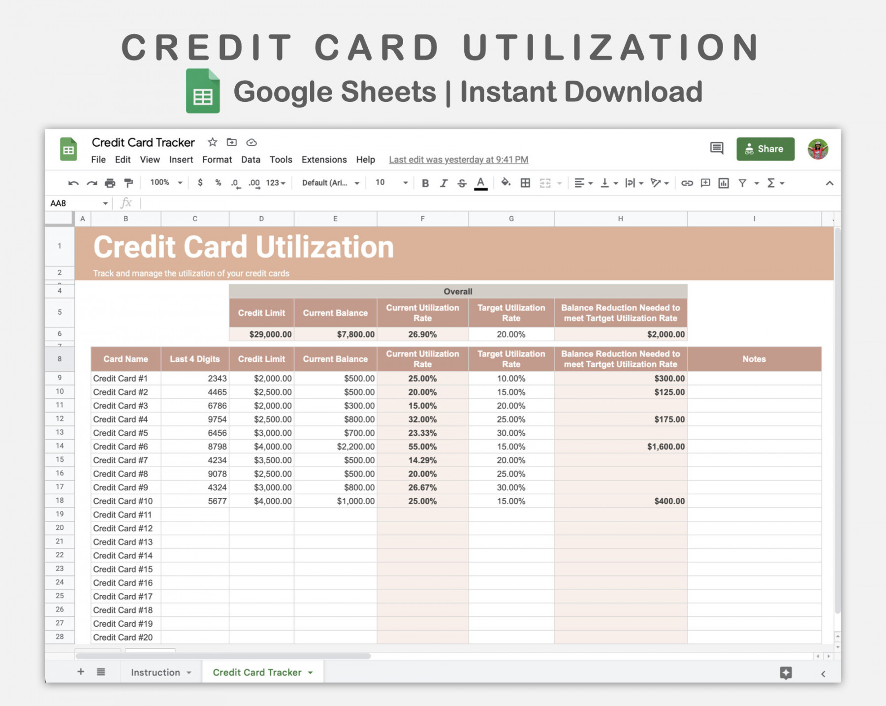 Google Sheets Credit Card Utilization, Credit Card Tracker, Spreadsheet  Template, Neutral Theme