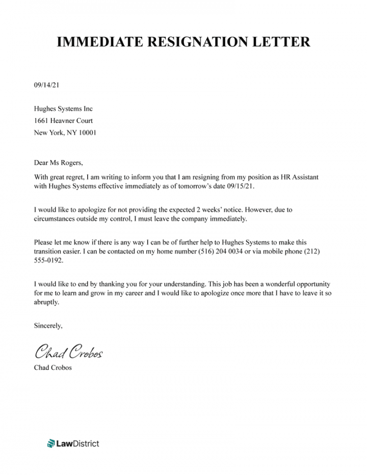 Immediate Resignation Letter Template  No Notice  LawDistrict