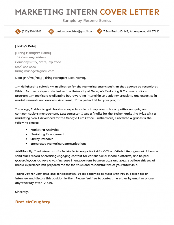 Marketing Intern Cover Letter - Examples, Template, & Tips